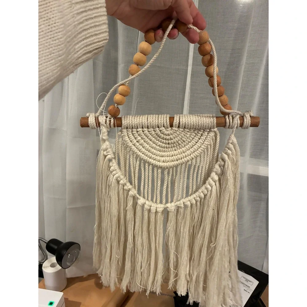 Boho Macrame Wall Hanging Cream Cotton Fringe Tapestry with Wood Beads 12x20